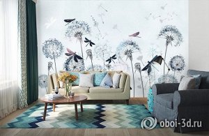 3D Фотообои «Одуванчики с волшебными стрекозами»
