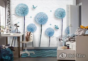 3D Фотообои «Одуванчики на кирпичной стене»