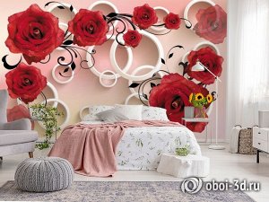 3D Фотообои «Красные розы с объемными кольцами»