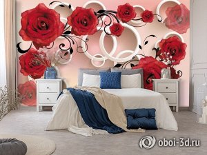 3D Фотообои «Красные розы с объемными кольцами»