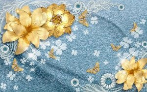 3D Фотообои «Золотые цветы с бабочками на голубой ткани»