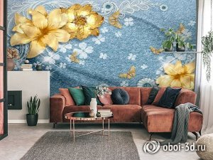 Design Studio 3D 3D Фотообои «Золотые цветы с бабочками на голубой ткани»