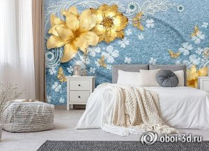 Design Studio 3D 3D Фотообои «Золотые цветы с бабочками на голубой ткани»