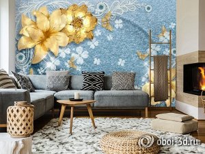 Design Studio 3D 3D Фотообои «Золотые цветы с бабочками на голубой ткани»