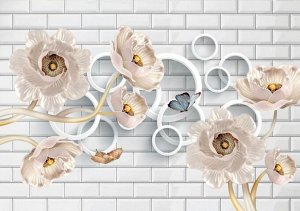 3D Фотообои «Кованые цветы с кольцами на кирпичной стене»