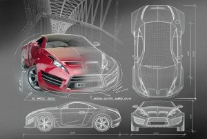 3D Фотообои «Красное авто схема»