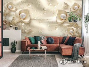 3D Фотообои «Жемчужные каллы в каплях росы»