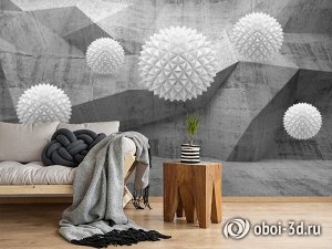 3D Фотообои «Объемная бетонная стена с шарами»