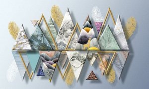 3D Фотообои «Золотые перья с мраморными треугольниками»