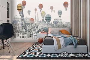 3D Фотообои «Воздушные шары над городом акварель»