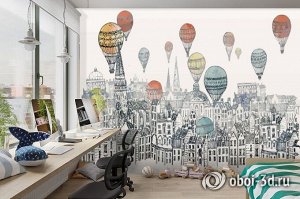 3D Фотообои «Воздушные шары над городом акварель»