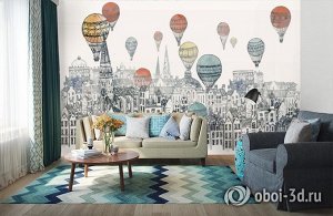 3D Фотообои «Воздушные шары над городом акварель»