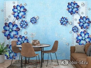 3D Фотообои «Драгоценные цветы на голубом фоне»