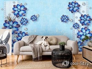 3D Фотообои «Драгоценные цветы на голубом фоне»