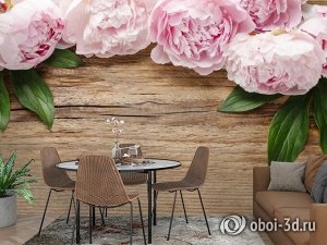 3D Фотообои «Пионы на деревянном фоне»