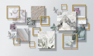 3D Фотообои «Бабочки и мраморные квадраты»