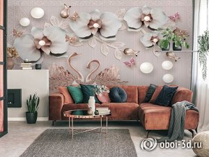 3D Фотообои «Бронзовые лебеди под веткой орхидей»