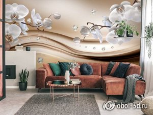 3D Фотообои «Белые орхидеи с бриллиантами»