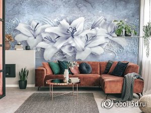 3D Фотообои  «Серо-голубая композиция с лилиями»