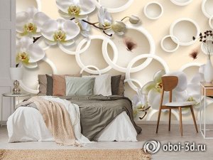 3D Фотообои  «Кремовые орхидеи с объёмными кругами и бабочками»