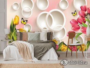 3D Фотообои  «Красно-желтые тюльпаны с бабочками»
