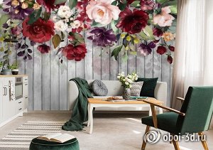 3D Фотообои «Акварельные цветы на древесном фоне»