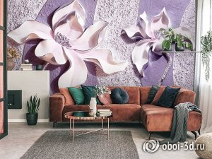 3D Фотообои «Фиолетовые магнолии на рельефном фоне»