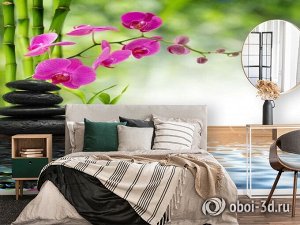3D Фотообои «Цветы орхидеи и черная галька»