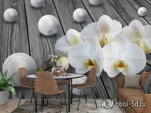 3D Фотообои «Орхидея с жемчужинами на досках»