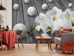 3D Фотообои «Орхидея с жемчужинами на досках»