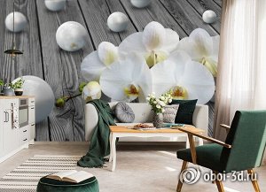 3D Фотообои «Орхидея с жемчужинами на досках»