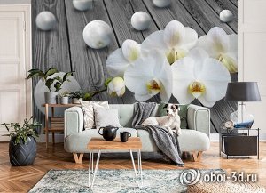 3D Фотообои «Орхидея с жемчужинами на досках»