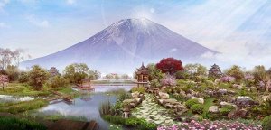 3D Фотообои «Японский сад с видом на Фудзияму»