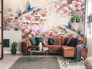 3D Фотообои «Цветочное изобилие с бабочками»