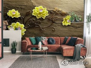 3D Фотообои «Желтые цветочки на камне»