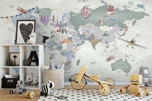Фотообои детские «Карта мира с достопримечательностями»