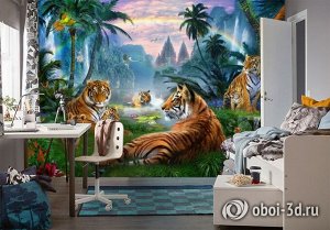 3D Фотообои «Тигры у водопадов»