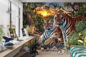 3D Фотообои «Тигриная семья. Закат»