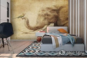 3D Фотообои «Слон и птичка»