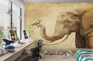 3D Фотообои «Слон и птичка»