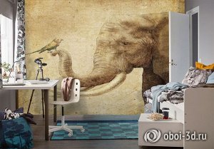 3D Фотообои «Слон и птичка»