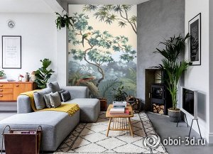 3D Фотообои «Пейзаж с экзотическими птицами».