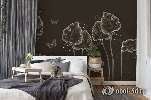 3D Фотообои «Бабочки в листьях. Тёплая ночь»