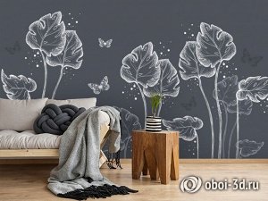 3D Фотообои «Бабочки в листьях на сером»