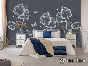 3D Фотообои «Бабочки в листьях на сером»