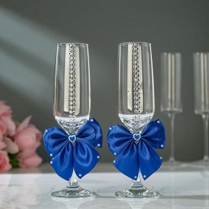 Набор свадебных бокалов для битья «Элит» с бантом и стразами, 2 шт., синий, микс