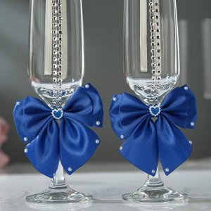 Набор свадебных бокалов для битья «Элит» с бантом и стразами, 2 шт., синий, микс