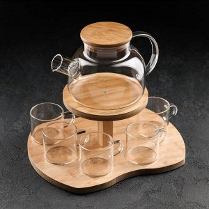 Набор чайный на деревянной подставке «Эко», 6 предметов: чайник стеклянный заварочный 1,1 л, 5 кружек 120 мл