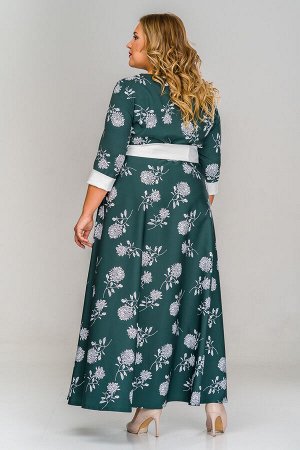 Платье длинное из крепа, принт цветы на зеленом