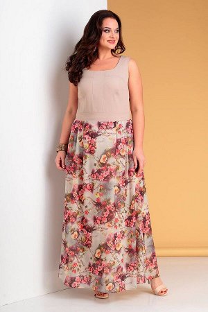 Жакет, платье Liona Style 487 бежевый+розовые_цветы